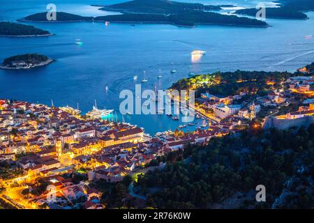 Aerial view of Hvar rooftops and harbor evening view, Dalmatia archipelago of Croatia Stock Photo