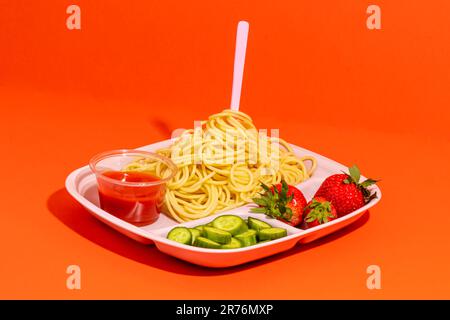 From above composition of spaghetti with fork tomato sauce cucumber slices and yummy fresh strawberries served for school lunch on red top table Stock Photo
