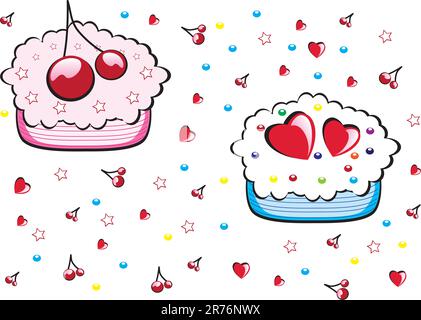 Seamless valentine pattern with cupcakes. Vector illustration on white. Stock Vector