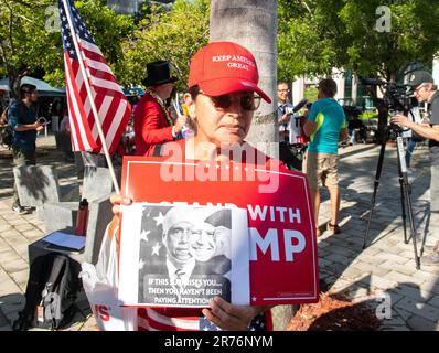 Miami, Florida, USA. 13th June, 2023. June 13, 2023 Miami, FL: Trump supporter Esperanza Quanta, of Nicaragua, protests the indictment of the former US president, at the Wilkie D. Ferguson Jr. US Federal Courthouse. (Credit Image: © Dominic Gwinn/ZUMA Press Wire) EDITORIAL USAGE ONLY! Not for Commercial USAGE! Stock Photo
