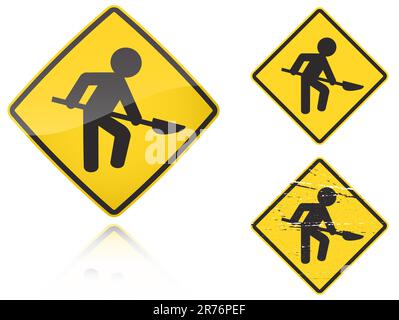 Set of variants a Works on the road - road sign isolated on white background. Group of as fish-eye, simple and grunge icons for your design. Vector... Stock Vector