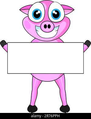 Vector Illustration of a cute pink happy pig holding a blank sign.No gradient Stock Vector