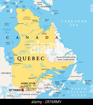 Quebec, largest province in the eastern part of Canada, political map. Largest province, located in Central Canada, with capital Quebec City. Stock Photo