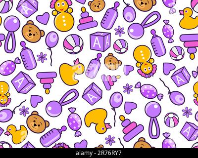 kid's seamless doodle pattern in violet and orange colors. Vector illustration isolated on white background Stock Vector