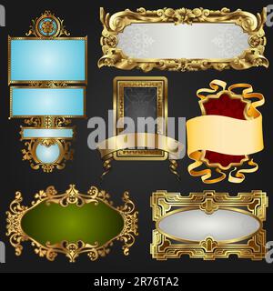 Vintage retro glossy gold frames and labels in a variety of retro antique styles. Stock Vector