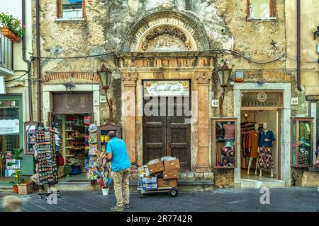The facade and entrance of the pasta museum in the former Santa Maria del Piliere church in the resort town of Taormina. Taormina, Sicily Stock Photo