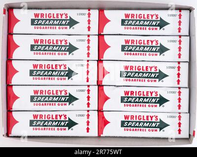 Tambov, Russian Federation - May 12, 2023  Box full of packs of Wrigley's spearmint gum. Stock Photo