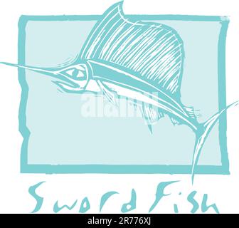 Leaping swordfish in the ocean in a woodcut style image. Stock Vector