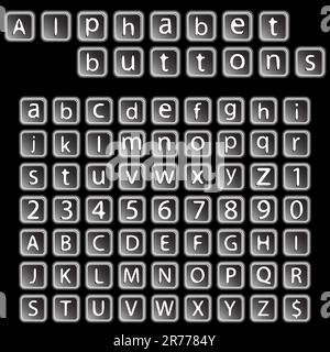 alphabet buttons collection against black background, abstract vector art illustration Stock Vector