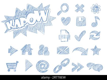 Illustration of sketched web icons in blue ink Stock Vector