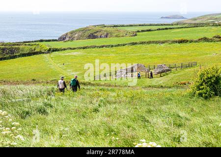 Walkers on Pembrokeshire Coast Path National Trail at St Non's Chapel, St Non's Bay, St David's peninsula in the Pembrokeshire Coast National Park Stock Photo