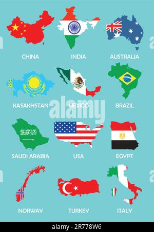 outline maps of the countries with national flags Stock Vector