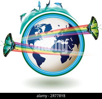 Eco Earth blue with butterflies on white background Stock Vector