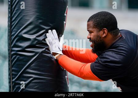 Cincinnati Bengals defensive tackle BJ Hill (92) prepares to perform a  drill during the NFL football team's training camp, Thursday, July 27,  2023, in Cincinnati. (AP Photo/Jeff Dean Stock Photo - Alamy