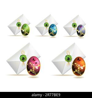 Easter envelopes with multicolor decorated eggs, icons isolated on white background Stock Vector
