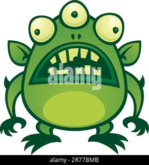 Vector cartoon illustration of an ugly green alien monster with three eyes. Stock Vector