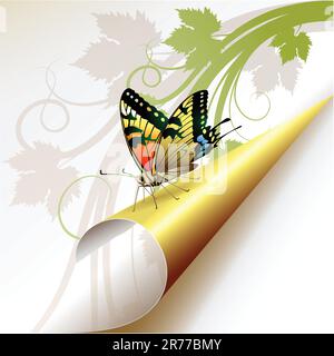 Curled corner with butterfly, vector illustration Stock Vector