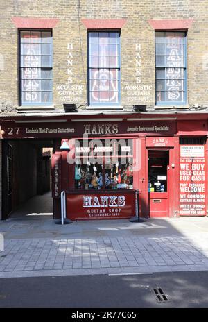 Denmark Street, of musical fame, south of TCR, laid out in 1687 and named in honour of Prince George of Denmark after marrying Queen Anne, London, UK Stock Photo