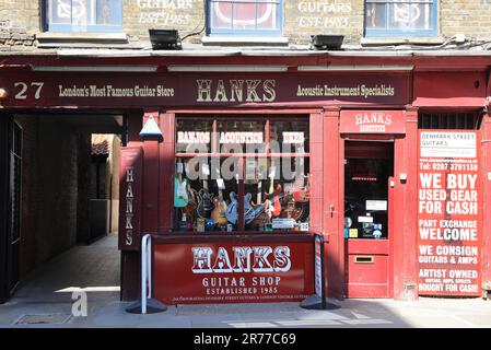 Denmark Street, of musical fame, south of TCR, laid out in 1687 and named in honour of Prince George of Denmark after marrying Queen Anne, London, UK Stock Photo