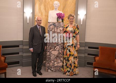 Brussels, Belgium. 13th June, 2023. Queen Elisabeth Competition chairman Baron Jan Huyghebaert and Queen Mathilde of Belgium pictured during a royal visit to the closing concert of the Queen Elisabeth Competition 2023 for Voice, at the Bozar Centre for Fine Arts (Paleis voor Schone Kunsten - Palais des Beaux-Arts), in Brussels, Tuesday 13 June 2023. BELGA PHOTO LAURIE DIEFFEMBACQ Credit: Belga News Agency/Alamy Live News Stock Photo