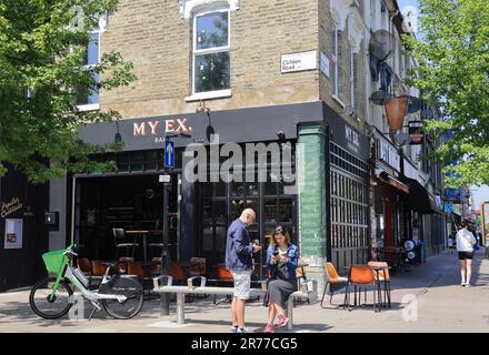 Clapton is being gentrified, as here on Chatsworth Road with a vibrant cafe & coffee culture, indie shops & a Sunday market, in east London, UK Stock Photo