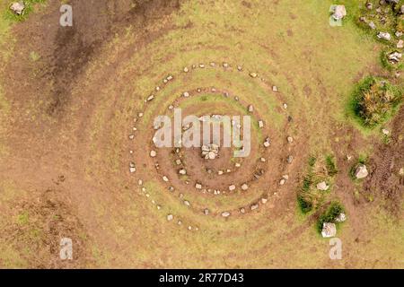 Aerial view of a stone spiral at castle Ewen rock formation, Fairy Glen, Isle of Skye, Scotland, UK Stock Photo