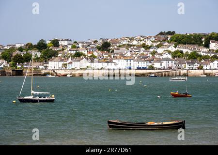 Boats are moored in the Torridge estuary at Instow in North Devon, with Appledore town across the water. Stock Photo