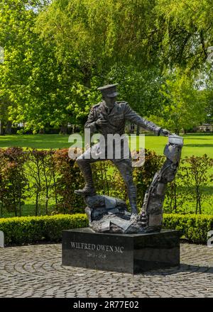 Oswestry, Shropshire - 12 May 2023: Wilfred Owen statue in Cae Glas park in market town of Oswestry Stock Photo