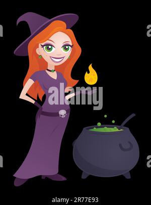 Cartoon illustration of a cute young witch holding a flame and standing next to a bubbling cauldron. Great for Halloween. Looks great on black or w... Stock Vector