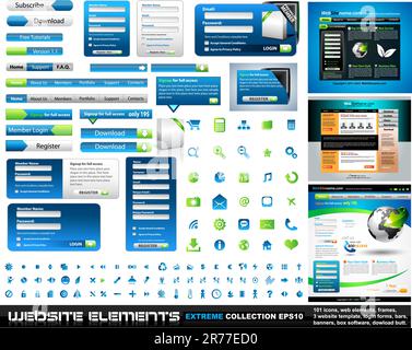 Web design elements extreme collection 2 - Many different form styles, frames, bars, icons, banners, login forms, buttons and so on! Stock Vector