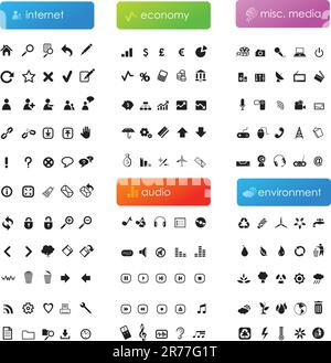 150 vector icons divided into five categories (internet, economy, audio, misc. media and environment) Stock Vector