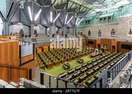 Inside the temporary Canada House of Commons Chamber in the West Blcok on Parliament Hill in Ottawa, Ontario, Canada on 27 May 2023 Stock Photo