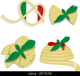 Vector picture with elements for menu: fork, spoon, pasta, basil Stock Vector