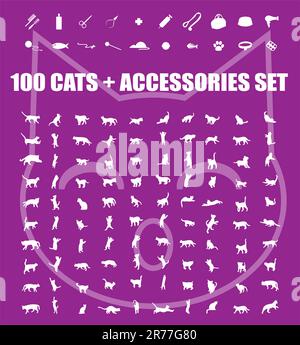 Great 100 cats and accessories icons set, vector pet emblem, cats staff sign silhouette, web buttons Stock Vector