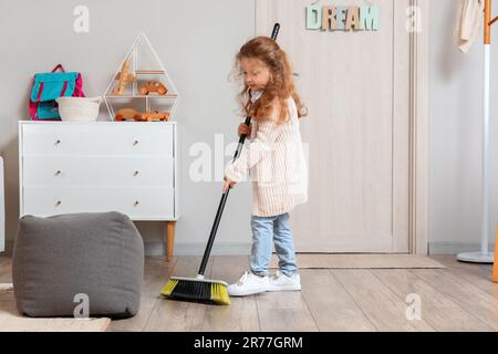 Baby Girl With A Broom Cleaning The Floor Background, Cute Cleaning Picture  Background Image And Wallpaper for Free Download