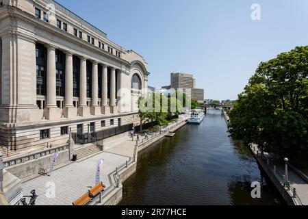 The Senate of Canada Building alongside the Rideau Canal in Ottawa, Ontario, Canada on 27 May 2023 Stock Photo