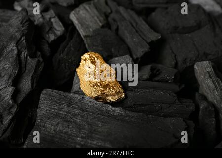 Golden nugget on black charcoal Stock Photo