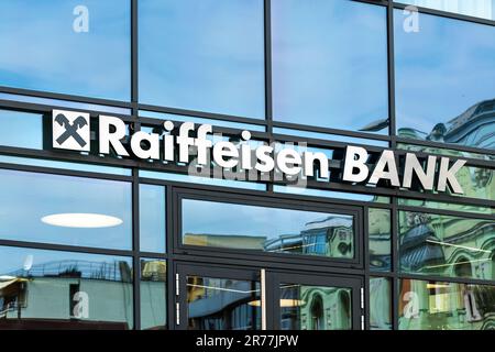 Novi Sad, Serbia - May 29, 2023: Raiffeisen Bank glass facade in city center Stock Photo