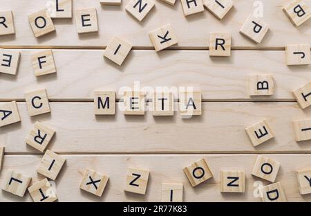 META text on a wooden background with a wooden alphabet Stock Photo