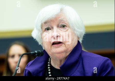 Washington, United States. 13th June, 2023. U.S. Treasury Secretary Janet Yellen speaking at a hearing of the House Financial Services Committee at the U.S. Capitol. (Photo by Michael Brochstein/Sipa USA) Credit: Sipa USA/Alamy Live News Stock Photo