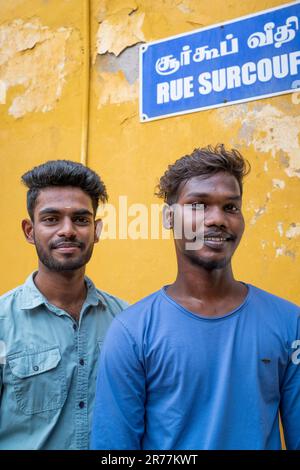 Two young friends visit historic French Quarter, Pondicherry, Tamil Nadu, India, Asia Stock Photo