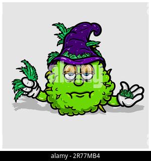 Weed Cartoon With Wizard Hat, Bring Bud and Cannabis Leaf. Vector and Illustration. Stock Vector