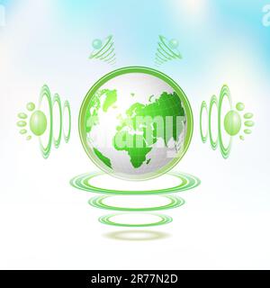 Eco Green Earth character suspended with waves on blue background Stock Vector