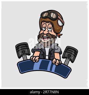 Cartoon Mascot of Bearded Boy Logo Emblem With Piston. Stock Vector