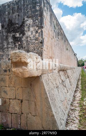Maya statue representing a snake on a temple in Chichen Itza, one of the Unesco World Heritage Site of Mexico Stock Photo