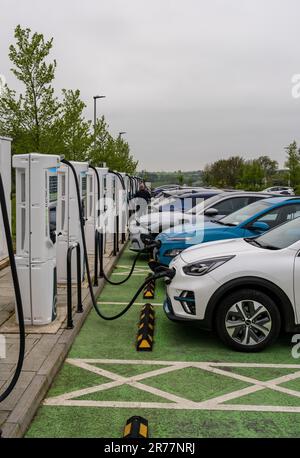 Midlands, UK - 13 May 2023: View of electric car charging points on motorway Stock Photo