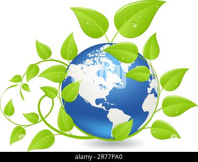 Earth hemisphere covered by green plants. Ecology concept. Vector illustration, isolated on a white. Stock Vector