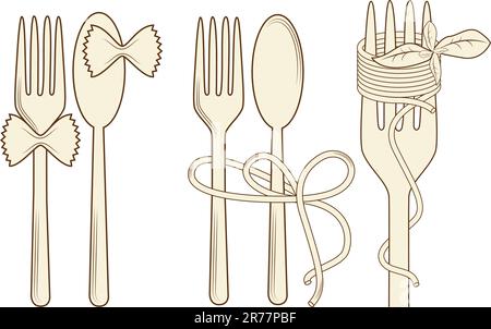Vector picture with elements for menu: fork, spoon, pasta, basil Stock Vector