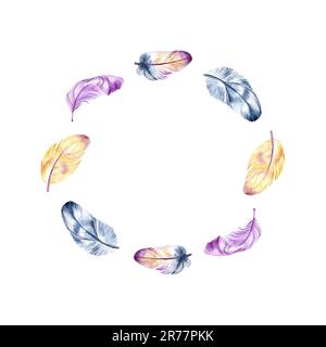 Watercolor bird feather wreath from wing. Feather for background, texture, wrapper pattern, frame or border Stock Photo