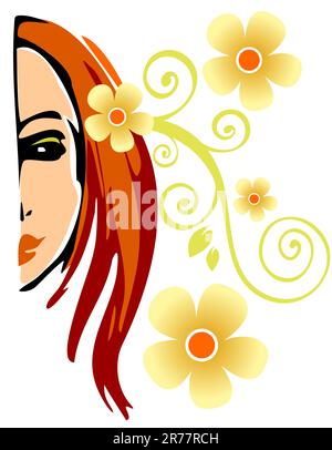 Pretty woman and floral curves with flowers on a white background. Stock Vector